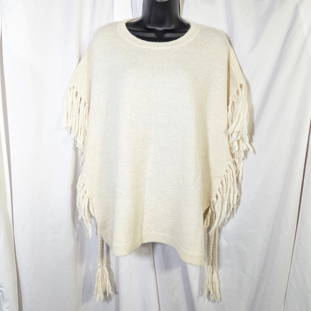 Dylan‎ Alpaca Wool Blend Fringe Short Sleeve Poncho Sweater Boho Chic Cream M